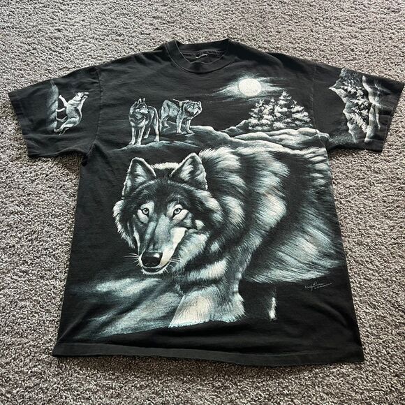 VTG 90s Wolves Wolf Nature Moon All Over Print T Shirt Sz Large Black Harlequin - Picture 1 of 8